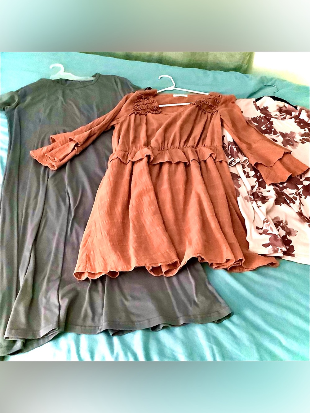 Women's long grey dress; Rust Brown Ruffle Peasant Top dress; maroon cream tunic